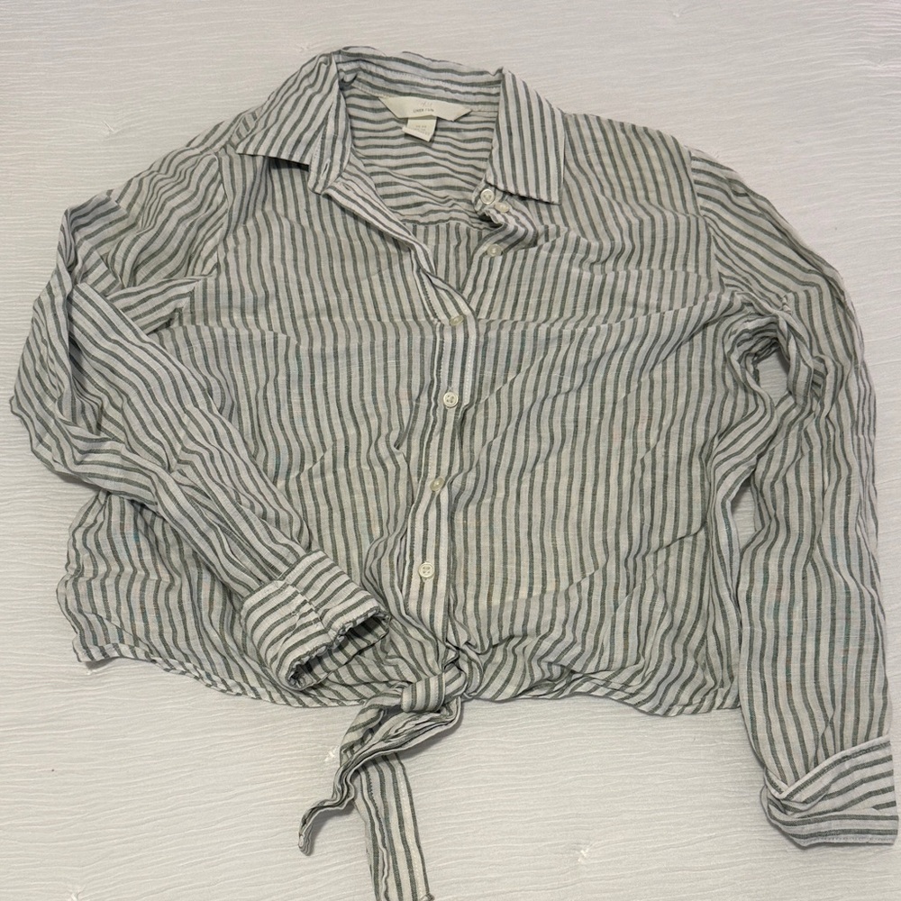 Striped Tie-Front Button-Up Shirt - Light Green & White